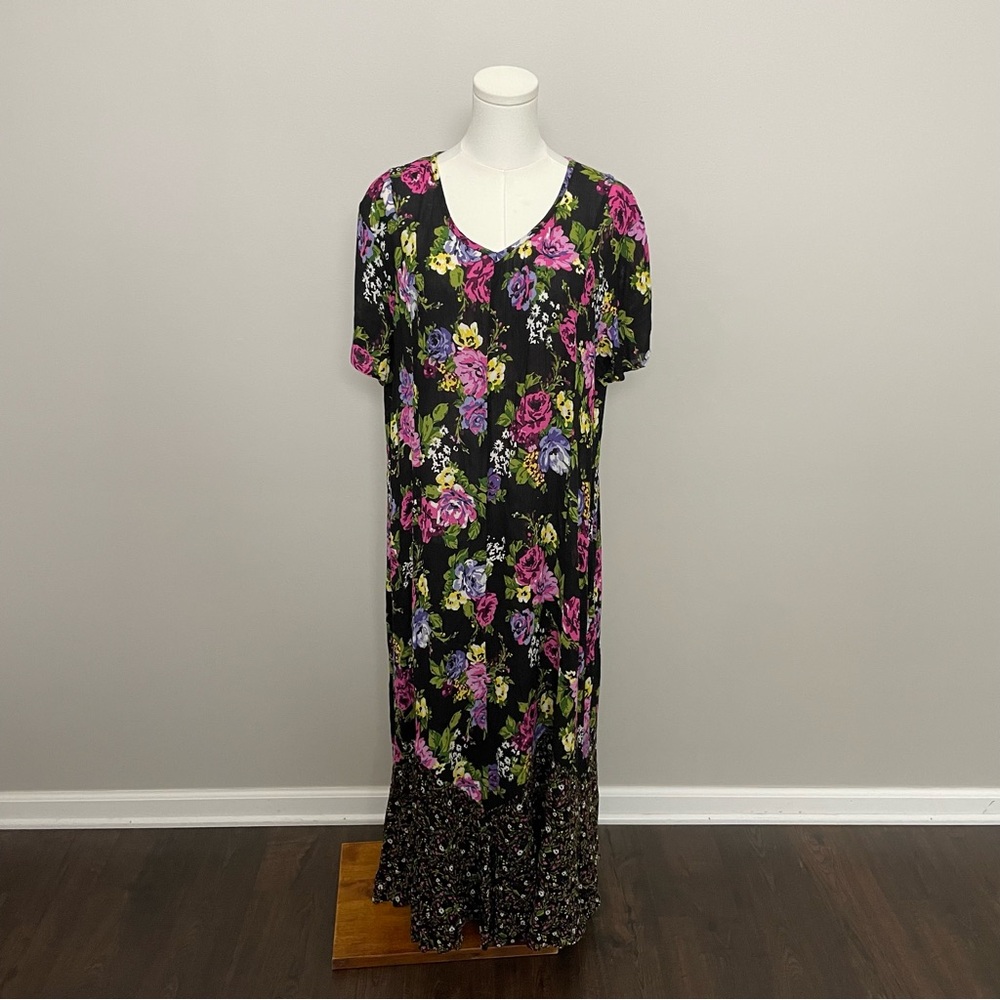 Vintage Maxi Dress Floral Mixed Print Cottagecore Prairie Fairy Garden Black